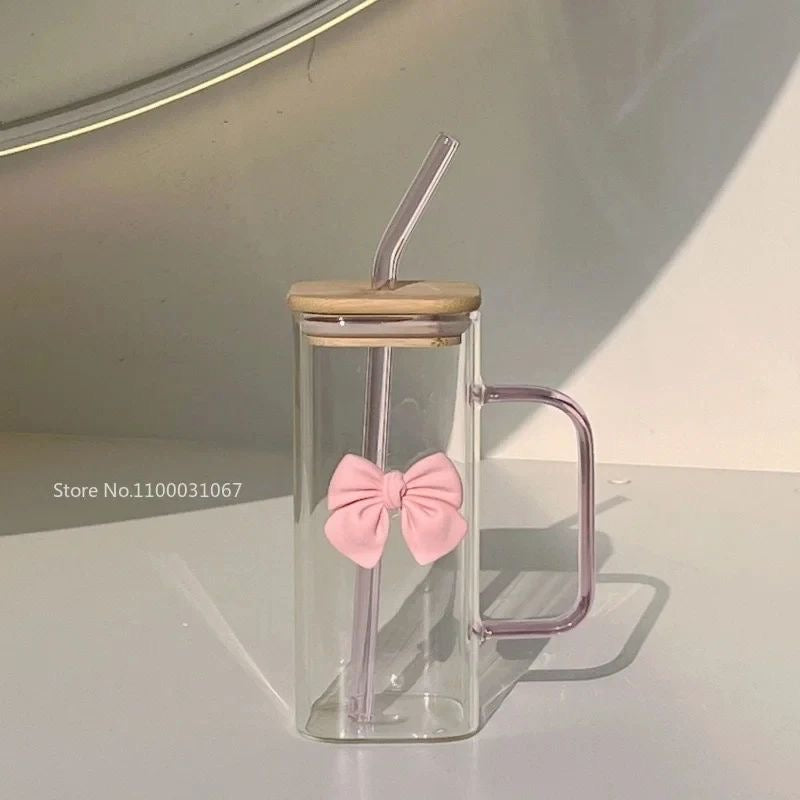 Cute Bow Glass Mug with Straw & Lid | 500ml Aesthetic Leak-Proof Square Tumbler for Iced Coffee, Juice & Milk | Colorful Shades