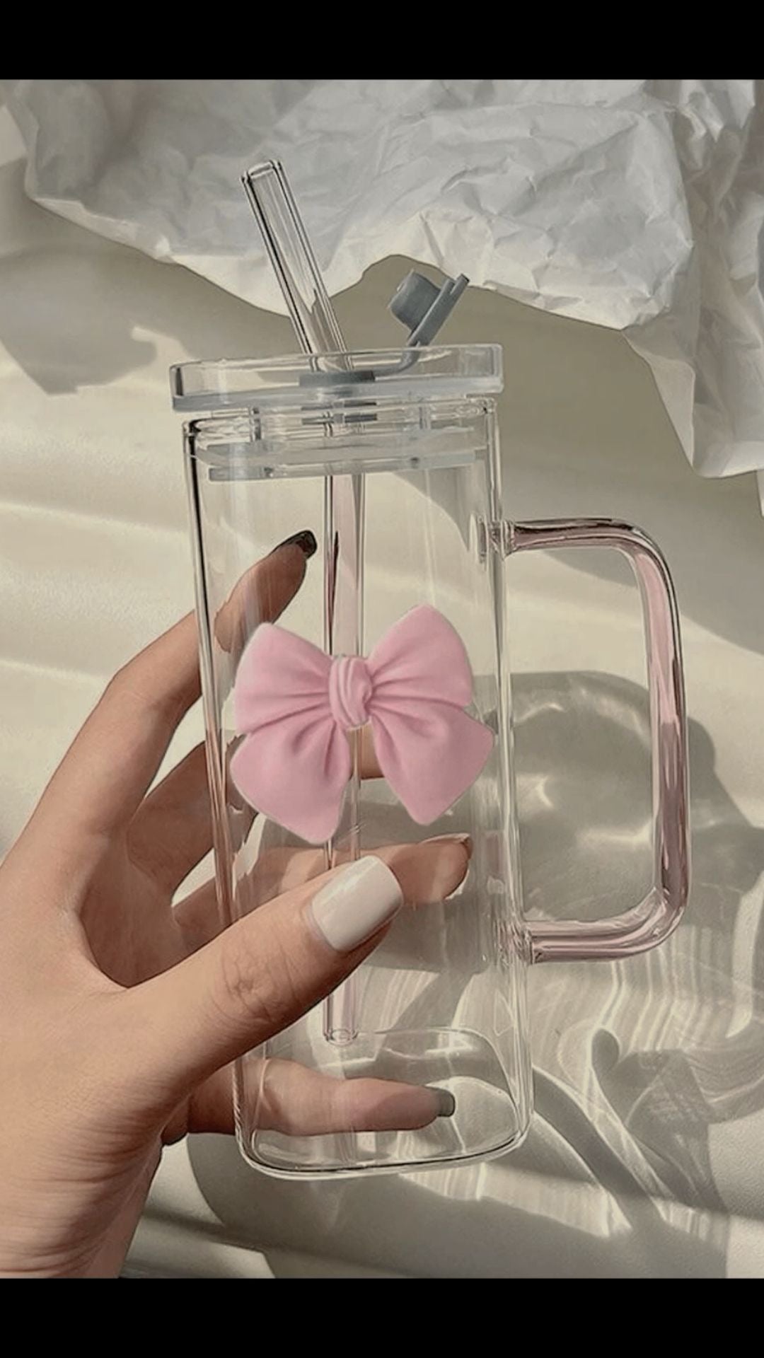 Cute Bow Glass Mug with Straw & Lid | 500ml Aesthetic Leak-Proof Square Tumbler for Iced Coffee, Juice & Milk | Colorful Shades