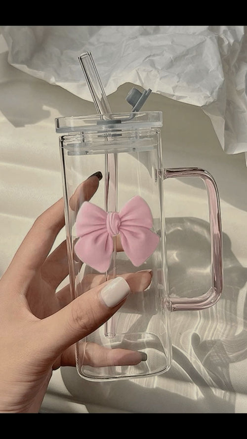 Cute Bow Glass Mug with Straw & Lid | 500ml Aesthetic Leak-Proof Square Tumbler for Iced Coffee, Juice & Milk | Colorful Shades