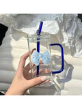 Cute Bow Glass Mug with Straw & Lid | 500ml Aesthetic Leak-Proof Square Tumbler for Iced Coffee, Juice & Milk | Colorful Shades