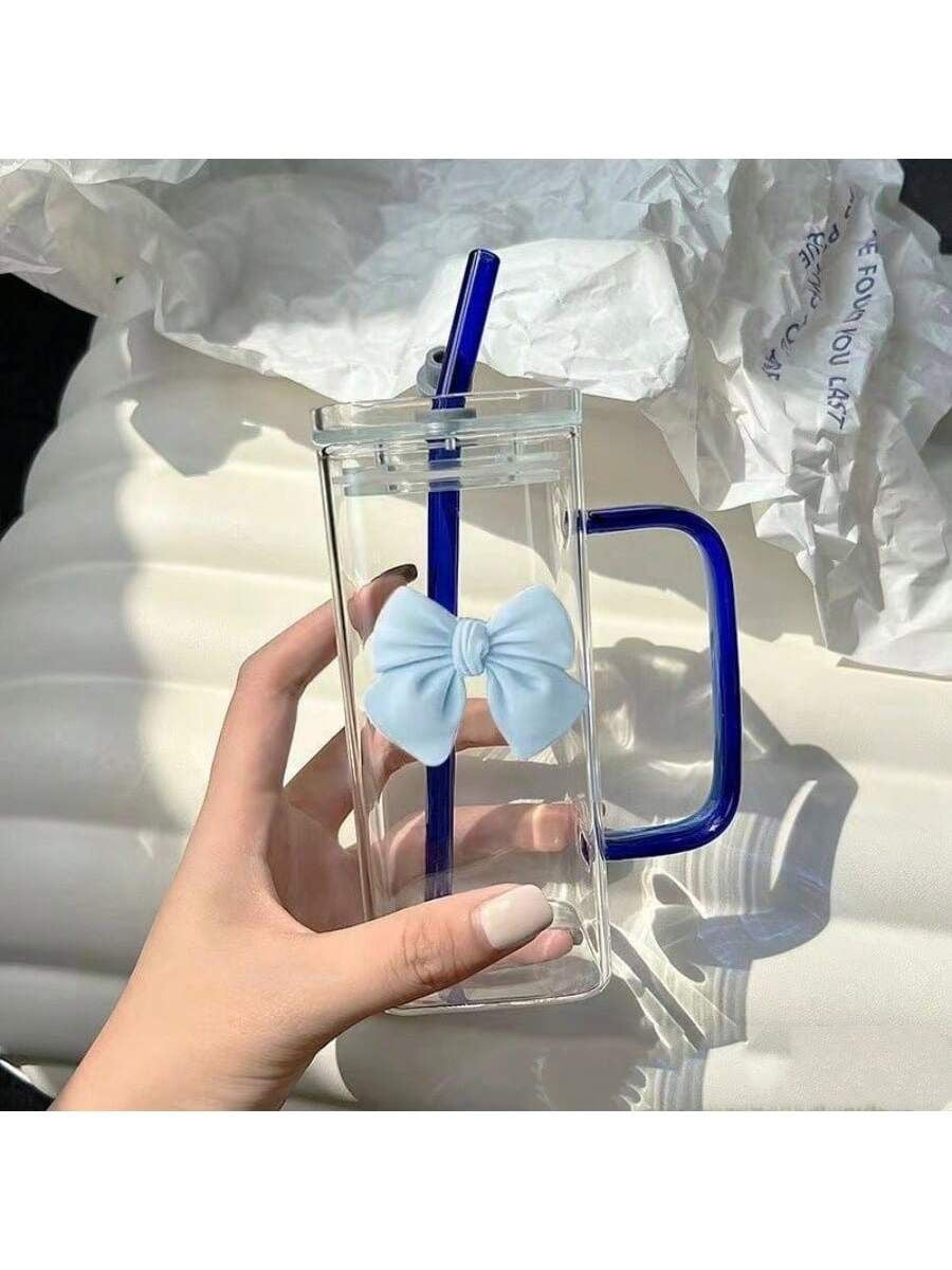 Cute Bow Glass Mug with Straw & Lid | 500ml Aesthetic Leak-Proof Square Tumbler for Iced Coffee, Juice & Milk | Colorful Shades